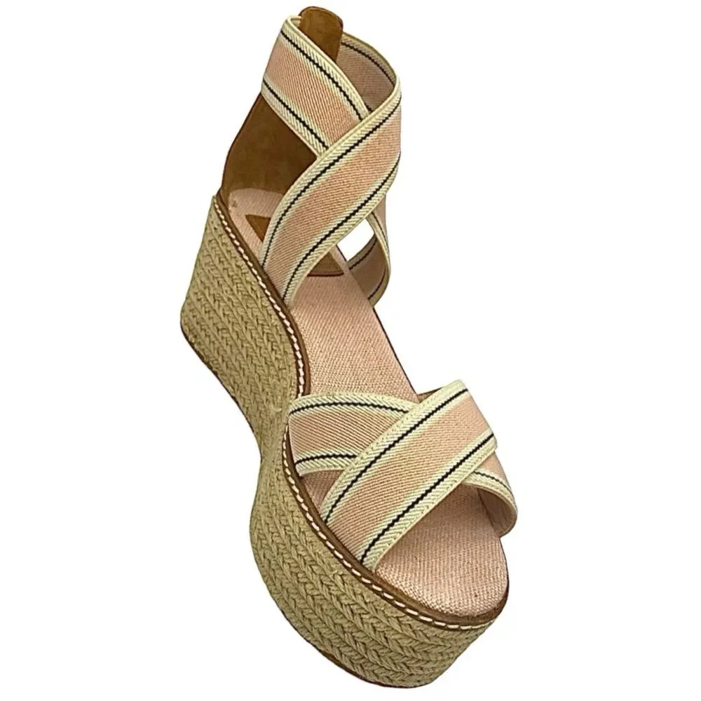 Tory Burch Frieda Espadrille Wedge Sandals Blush Stripe Tan Size 8M